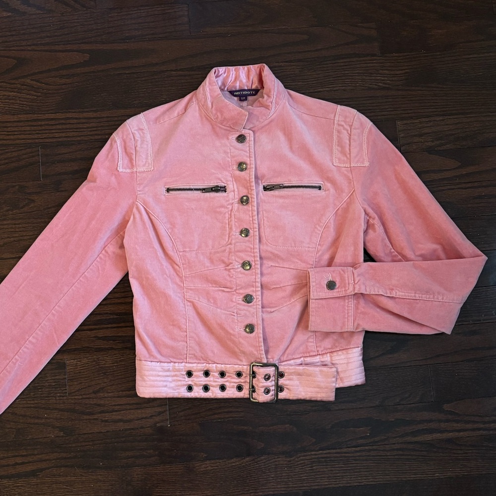 Y2K Pink Corduroy Belted Moto Jacket